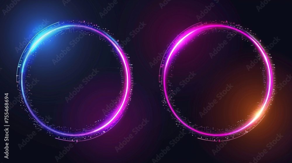 Poster this realistic modern illustration depicts a neon glowing circle frame with glitch effect on a black