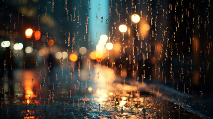Heavy raindrops falling on a city street.