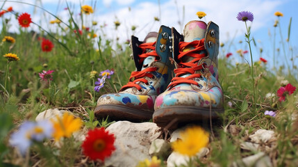 A pair of vibrant clown shoes resting on a field of colorful wildflowers