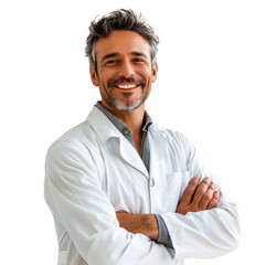 A smiling male scientist in a white coat with a stethoscope stands confidently with his arms crossed against a white background