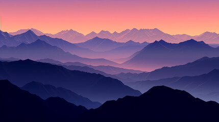 A continuous range of mountains stretching as the sun sets