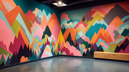 A vibrant and colorful wall with a bench in front of it