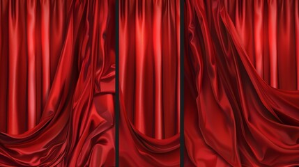 Theater or cinema stage curtain with folds. Modern illustration of closed and open opera stage cloth drape for display and show concept. Theatrical fabric drapery with folds.