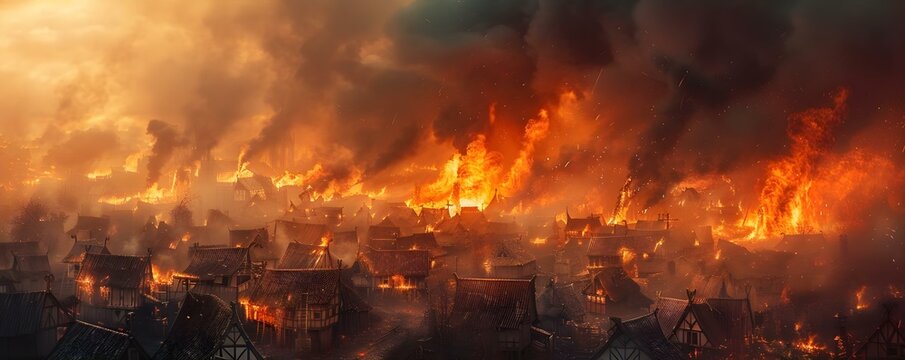 Medieval village ablaze Viking attack scene depicted . Concept Historical Reenactment, Viking Invasion, Dramatic Setting, Creative Photography