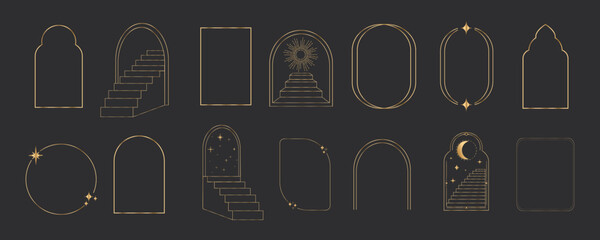 Golden thin line arch frame door stairs, sun and stars, mystic portal, astrology border, decoration, set minimal tatoo on dark background.