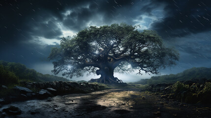 Oak tree at dirt road in the evening. Storm is coming concept - obrazy, fototapety, plakaty