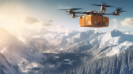 Fototapeta na wymiar A box flies on a drone across a snowy mountain landscape. Futuristic delivery concept
