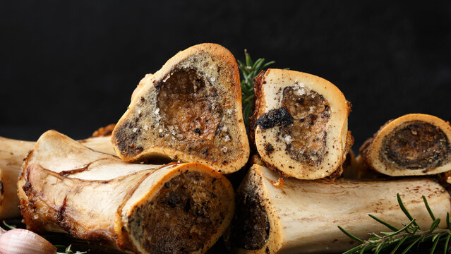 Homemade Roasted Beef Bone Marrow with rosemary and toast