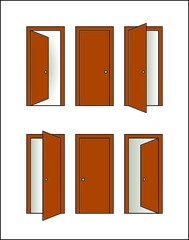 6 wooden doors, door icons, open and closed, vector, true to scale, customizable, scalable, wooden frame, brass handle, web design