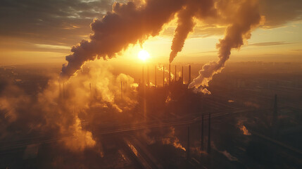 Aerial view on smoking factory pipes, smoke coming out of chimneys, ecological issues, social issues