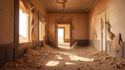A room in an abandoned hotel is cluttered with various debris and trash on the floor - obrazy, fototapety, plakaty