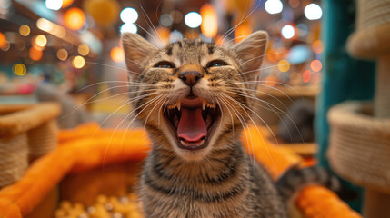 Generative AI, cats interactive play zone with toys, pets hotel concept