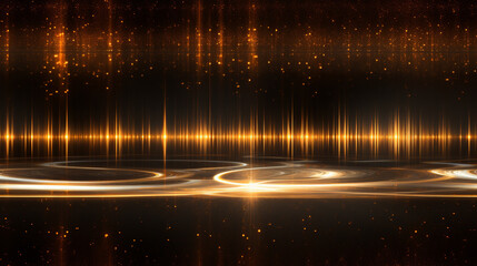 Black background adorned with shimmering gold lines and circles creating dynamic and elegant design