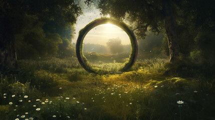 Circular opening in forest resembling lunar portal - obrazy, fototapety, plakaty