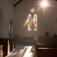 interior of church and sun light coming from window in church,