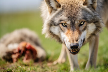 Wild wolf with dead hunted prey animal in blurry background - obrazy, fototapety, plakaty