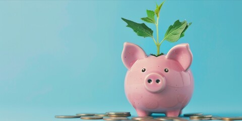 A pink piggy bank with a plant growing out of it on a blue background