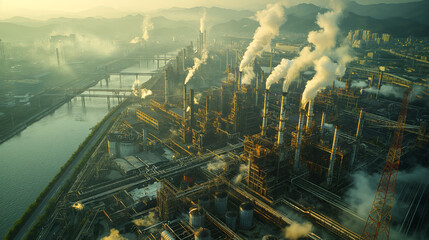 Aerial view on smoking factory pipes, smoke coming out of chimneys, ecological issues, social issues - obrazy, fototapety, plakaty