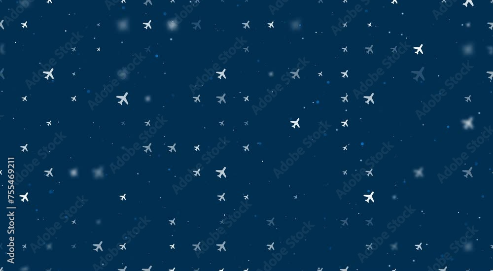 Poster template animation of evenly spaced plane symbols of different sizes and opacity. animation of trans
