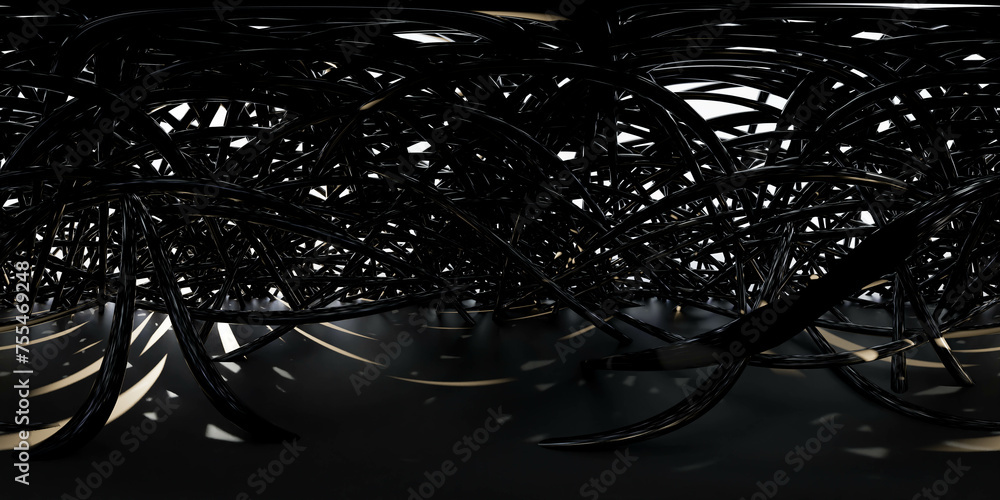 Poster abstract network of interconnected black strands in a dark setting 360 panorama vr environment map