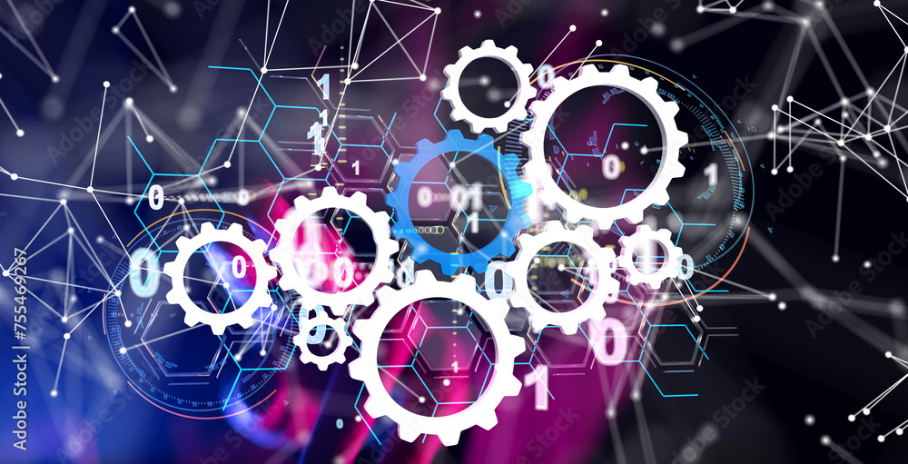 Poster Neural network 3D illustration. Big data and cybersecurity