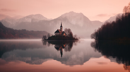 Church in the middle of the lake at sunset with pink sky and reflection at water - obrazy, fototapety, plakaty