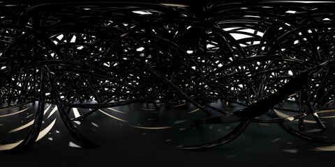 Abstract network of interconnected black strands in a dark setting 360 panorama vr environment map