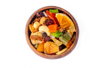 Mix of nuts and dried fruits isolated on a white background.