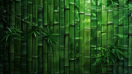 A green bamboo wall with green leaves and a green background. The bamboo is in a forest setting