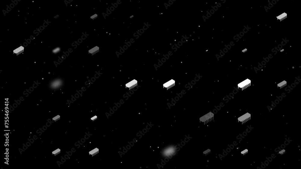 Poster template animation of evenly spaced integrated circuit symbols of different sizes and opacity. anima