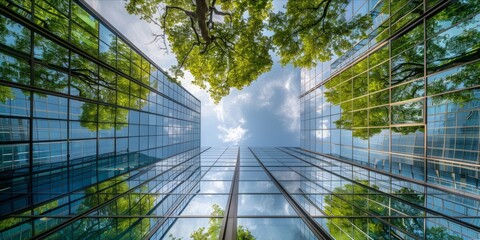 Reflective glass buildings with trees and sky