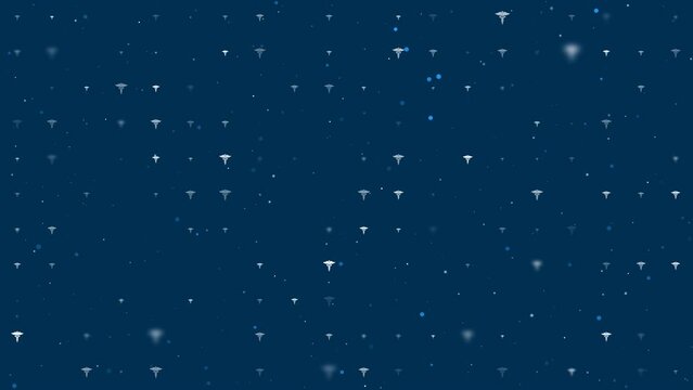 Template animation of evenly spaced caduceus symbols of different sizes and opacity. Animation of transparency and size. Seamless looped 4k animation on dark blue background with stars