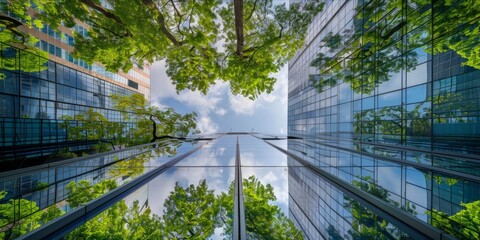 Skyscrapers with glass facades reflecting green trees against a blue sky