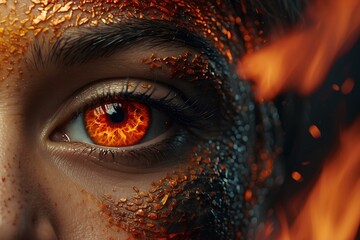 Vision of Fire - Artistic Eye with Fiery Iris and Face with Golden Flames Symbolizing Anger, Revenge, hatred, dislike, emotional distress.