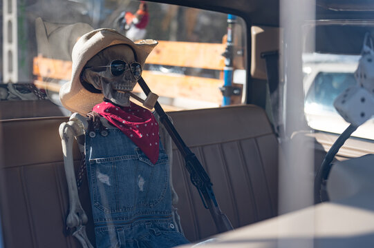 Detail of a skeleton dressed as a farmer with a straw hat and a lever-action rifle. He is sitting in the bench seat of an American truck.