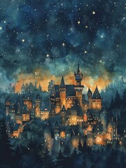 Obraz na płótnie Canvas Fairy tale castle under a starry sky twinkling lights and magical aura