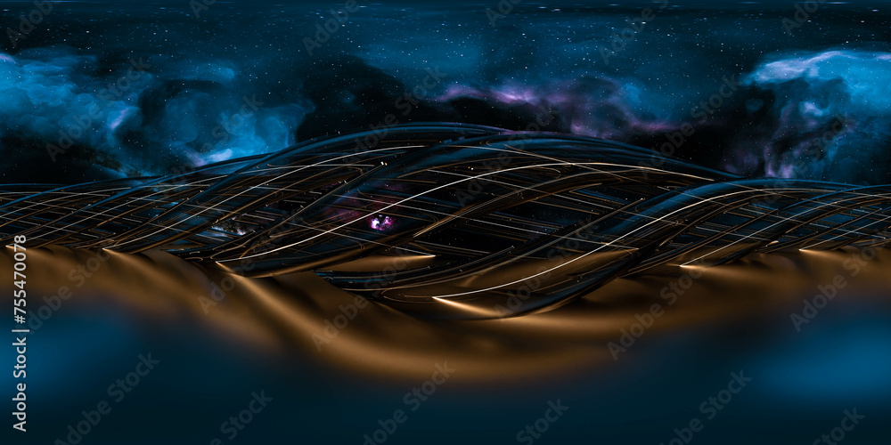 Poster mysterious glowing entity amidst a network of golden lines against a cosmic background 360 panorama 
