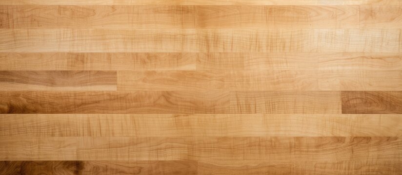 A close-up view from above of a maple hardwood basketball court floor against a brown background. The wooden planks are well-polished, showing intricate grain patterns.
