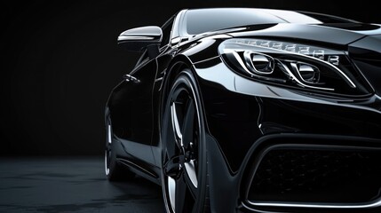 Obraz na płótnie Canvas A close-up of a sleek, luxury black car's front side, highlighting the design and details under dramatic lighting