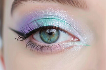 Close up of woman's eye makeup with pastel violet and mint green eye shadow and black eyeliner.