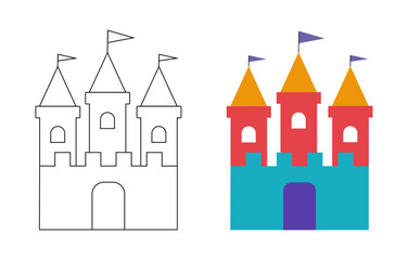 Coloring page vector illustration isolated. Fairytale cartoon childish castle for boys and girls.