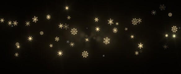 Snowflakes - golden openwork shiny snowflakes, star, 3D rendering.