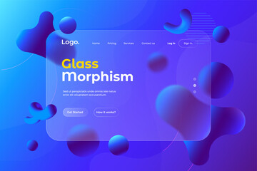 Glass morphism Landing page card template. Rectangle shape of transparent glass with blur effect. Liquid shapes morphism abstract art. Vector illustration