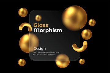 Dark background of 3d geometric shapes with glassmorphism rectangle plate in the center. Vector illustration