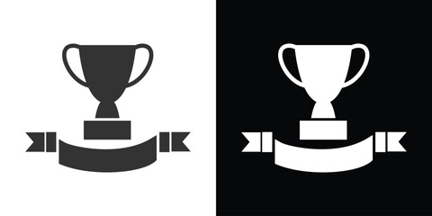 gold trophy cup with label icon on black - obrazy, fototapety, plakaty