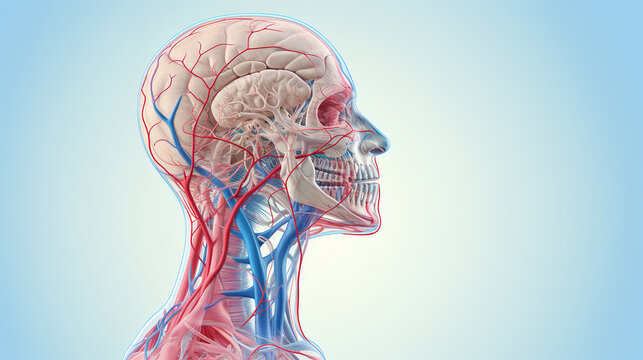 Illustration of human anatomy, central nervous system with visible brain