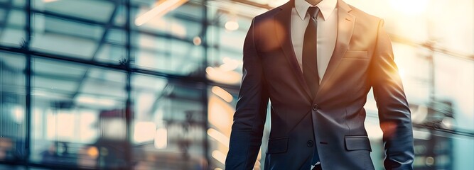 Fototapeta premium Close up of Businessman in formal suit with a tie, isolated on blurred background with sunbeam. copy space. 