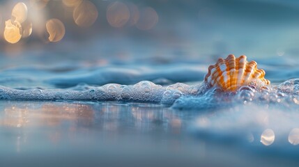 A seashell in the ocean shoreline with a blurred bokeh background, a shell at the beach surrounded by sea water, a seashell at the seashore, World ocean day concept, AI generated - obrazy, fototapety, plakaty