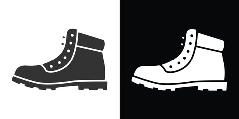 hiking boots on black and white - obrazy, fototapety, plakaty