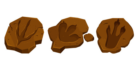 Set dinosaur fossil, paw print, reptile foot trail isolated on white background. Archaeological and paleontology finds.